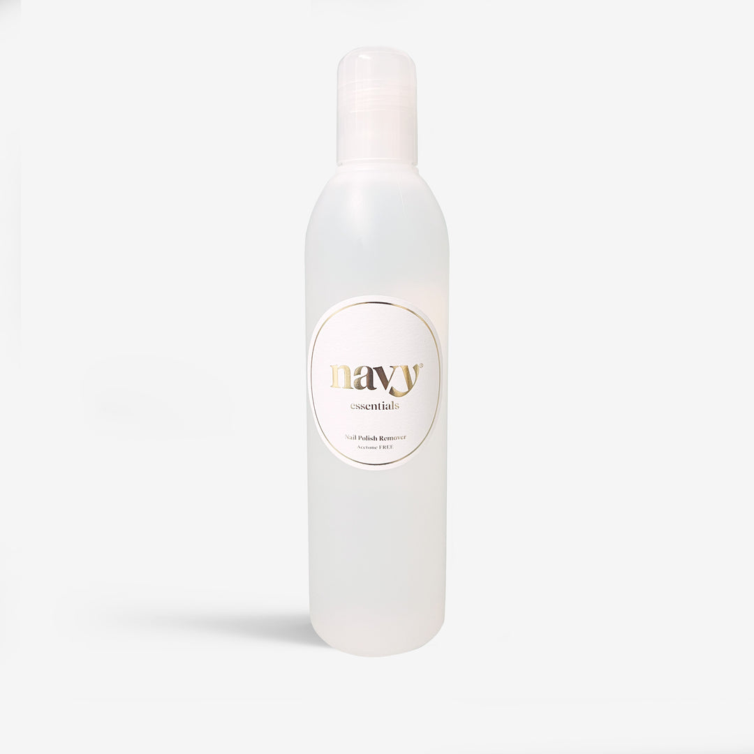 A bottle of acetone-free nail polish remover with a white label, displaying the brand name 'Navy' on a white background.