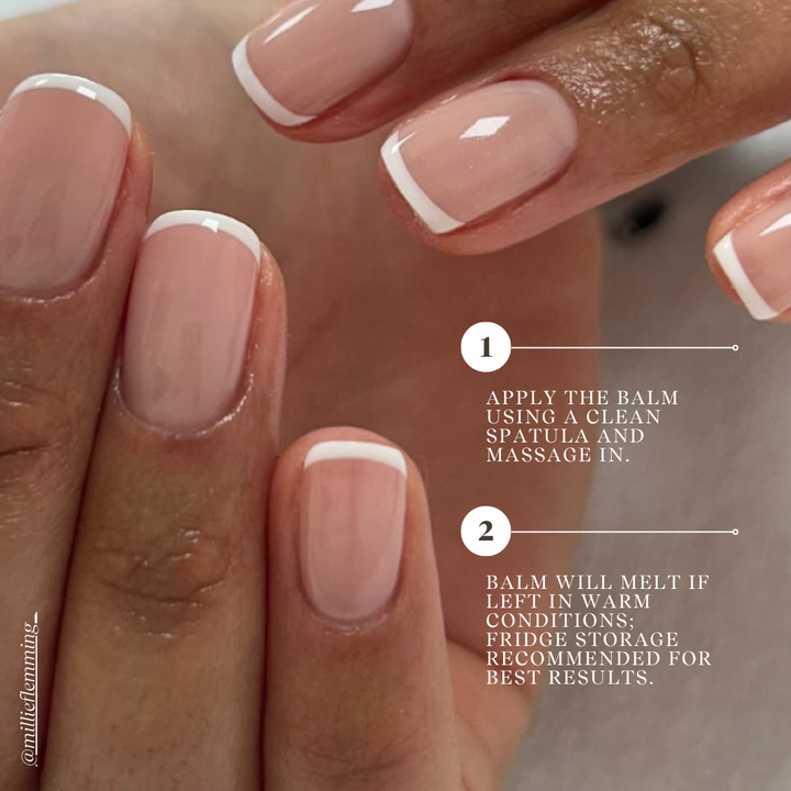 Close-up of hands with beige nail polish and white tips, with text instructions on a blurred background.