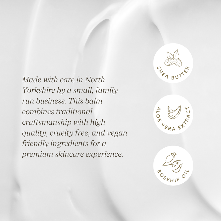 Balm with shea butter, aloe vera extract, and rosehip oil. Cruelty Free, Vegan Friendly