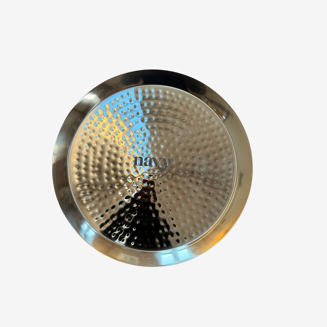 Gold hammered trey with Navy logo