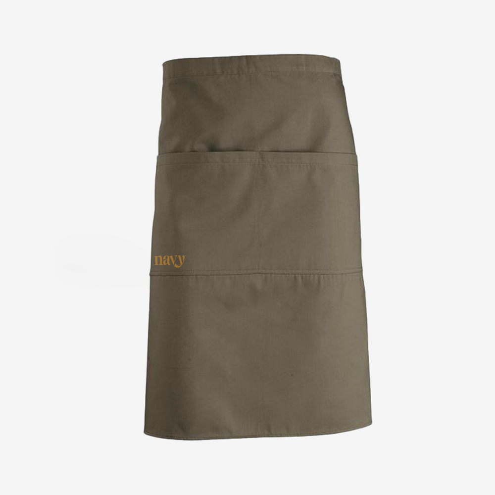 Olive linen apron with gold Navy logo embroidered on pocket