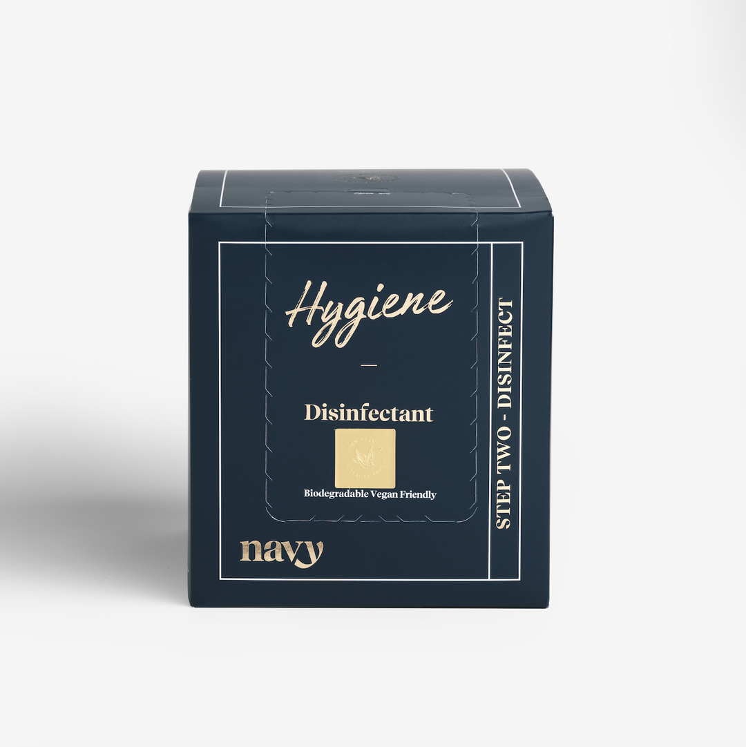A navy blue box labeled 'Hygiene' and 'Disinfectant', indicating it is a product for personal hygiene.