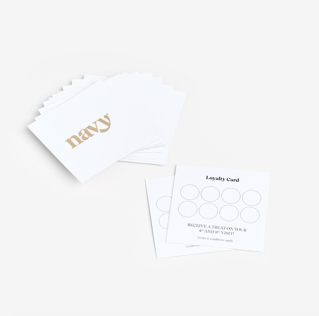 White cards with navy logo