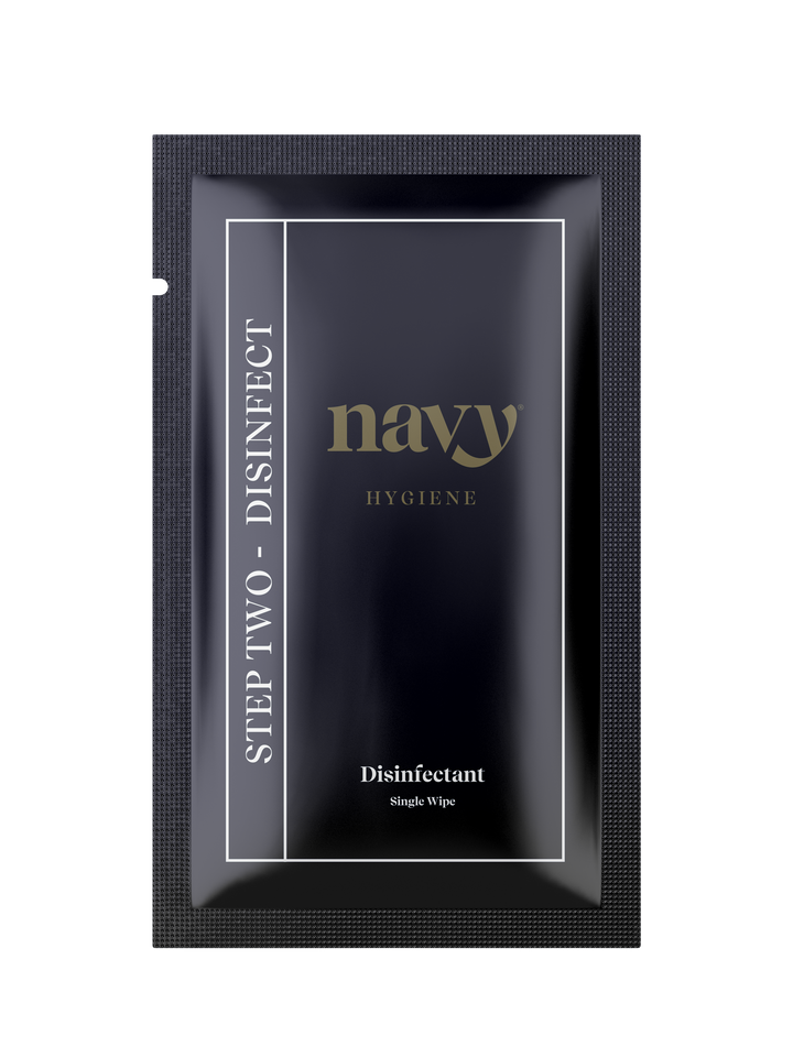 individual blue sachet labelled Disinfectant