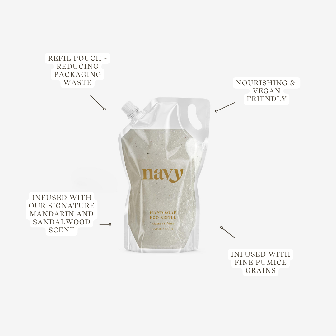 Hand soap refill pouch with branding and product features on a white background