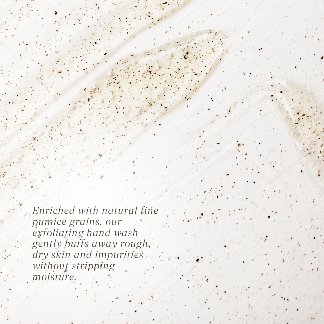 Exfoliating hand wash with natural pumice grains on a white background