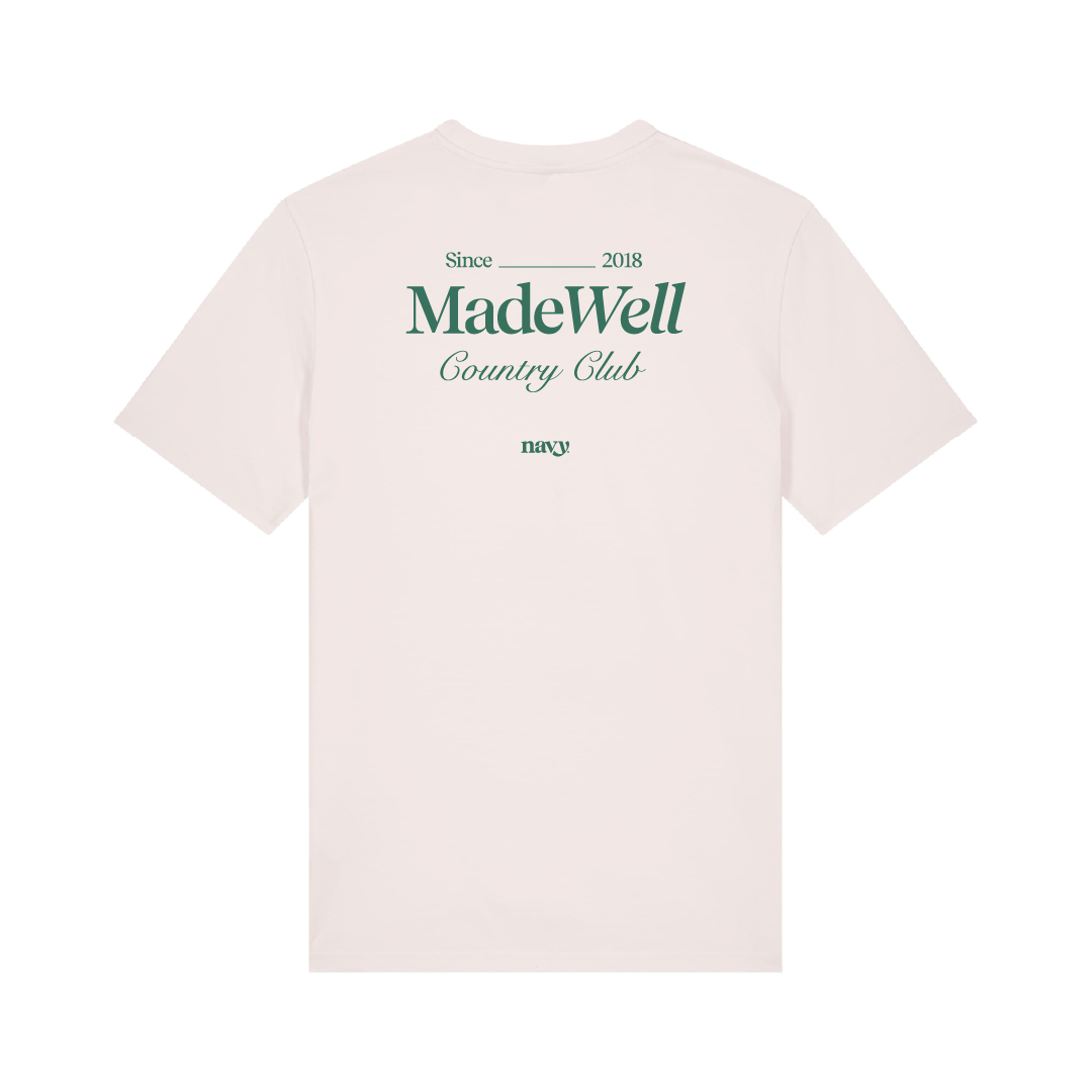 White t-shirt with 'MadeWell Country Club' text on a white background