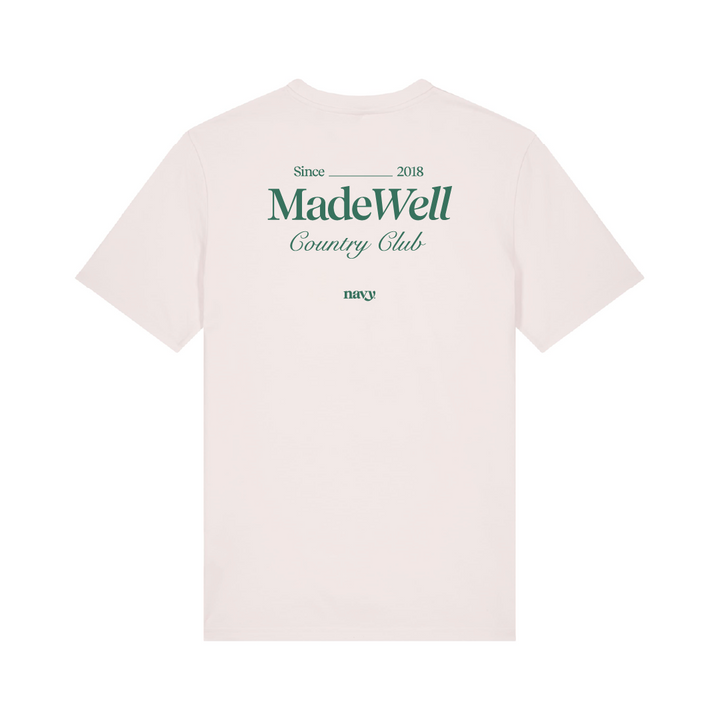 White t-shirt with 'MadeWell Country Club' text on a white background