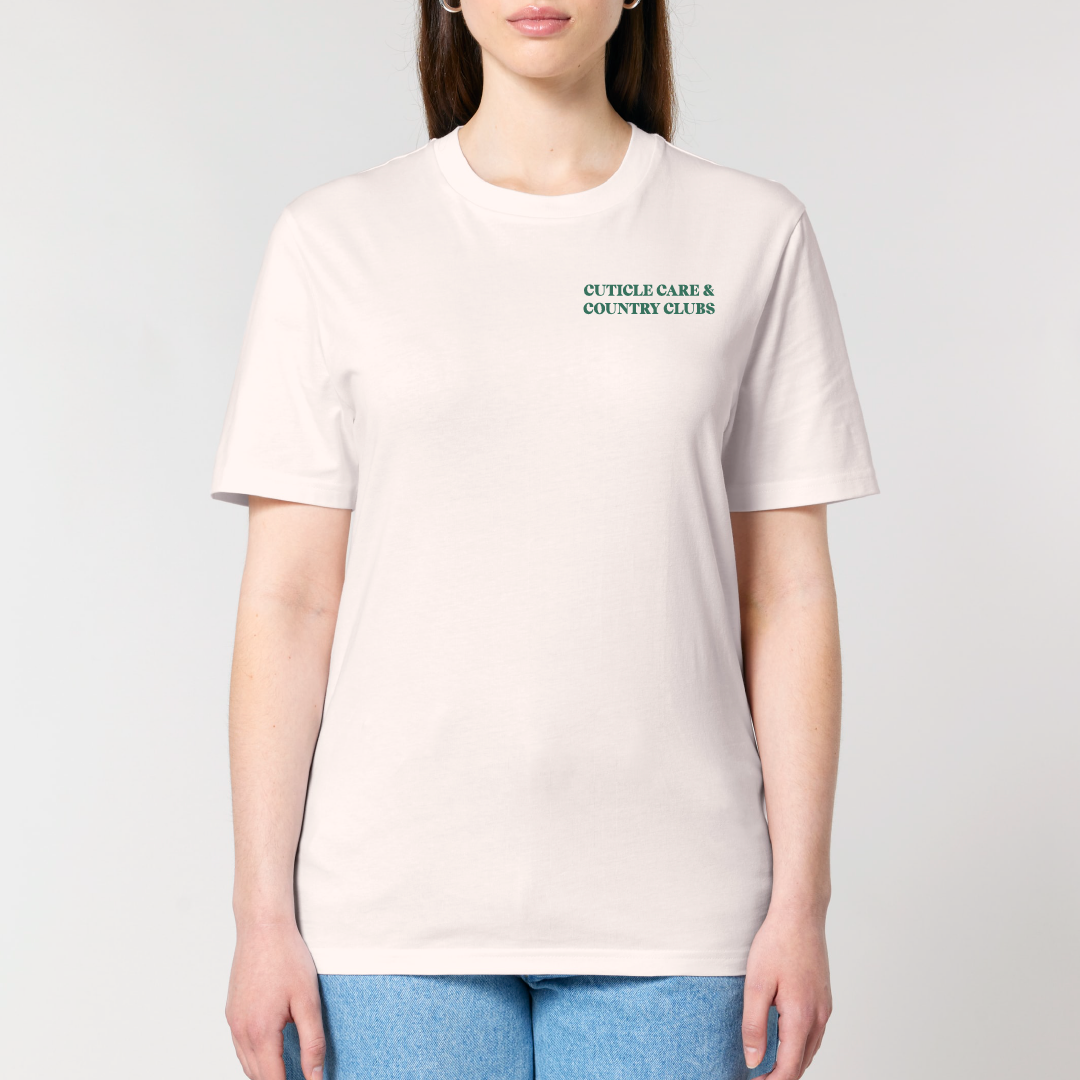 Person wearing a white t-shirt with text on a plain background