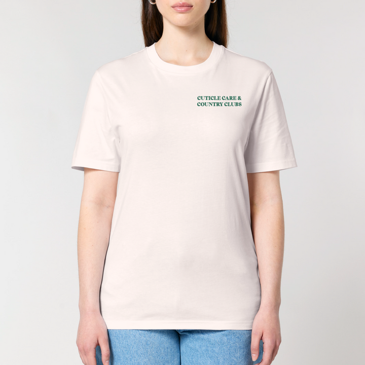 Person wearing a white t-shirt with text on a plain background