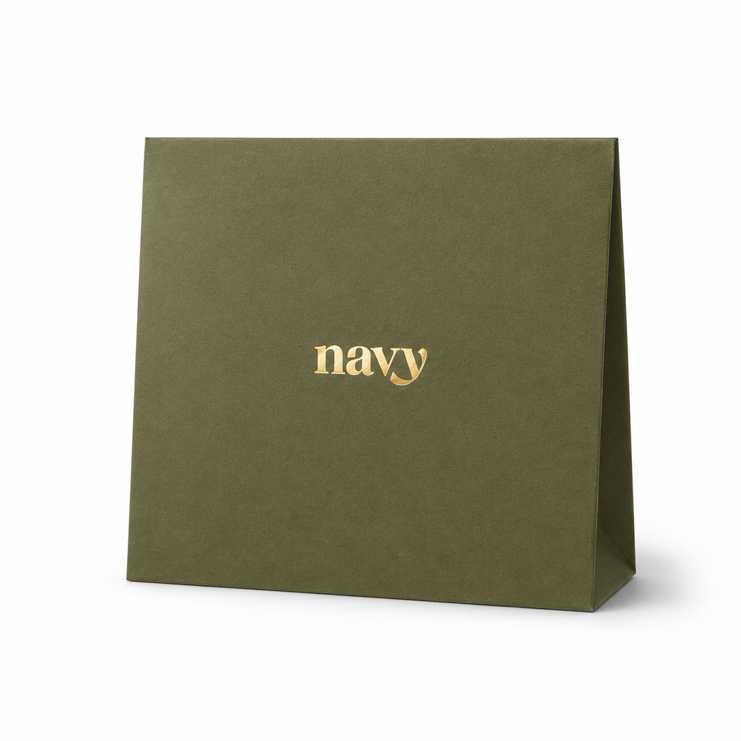 Green bag with 'navy' text on a white background