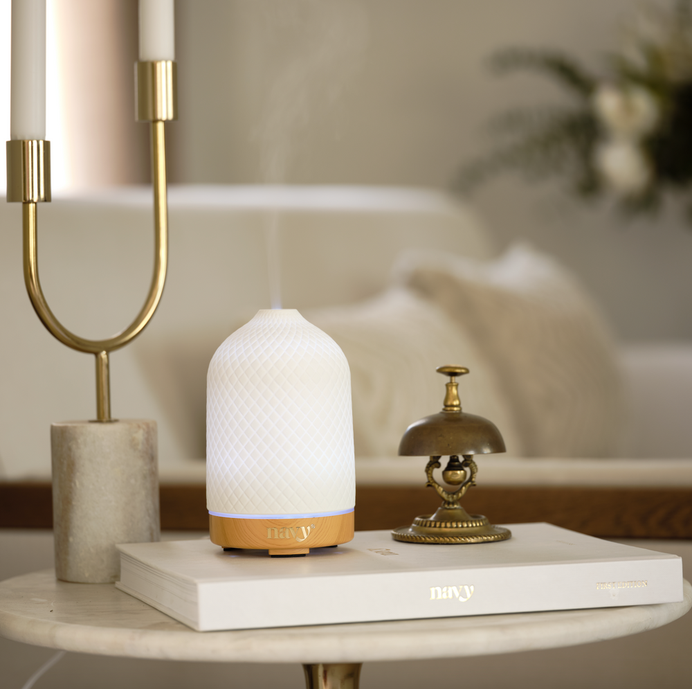 White Ceramic Oil Diffuser. Colour changing LED lights. Wood Grain Base