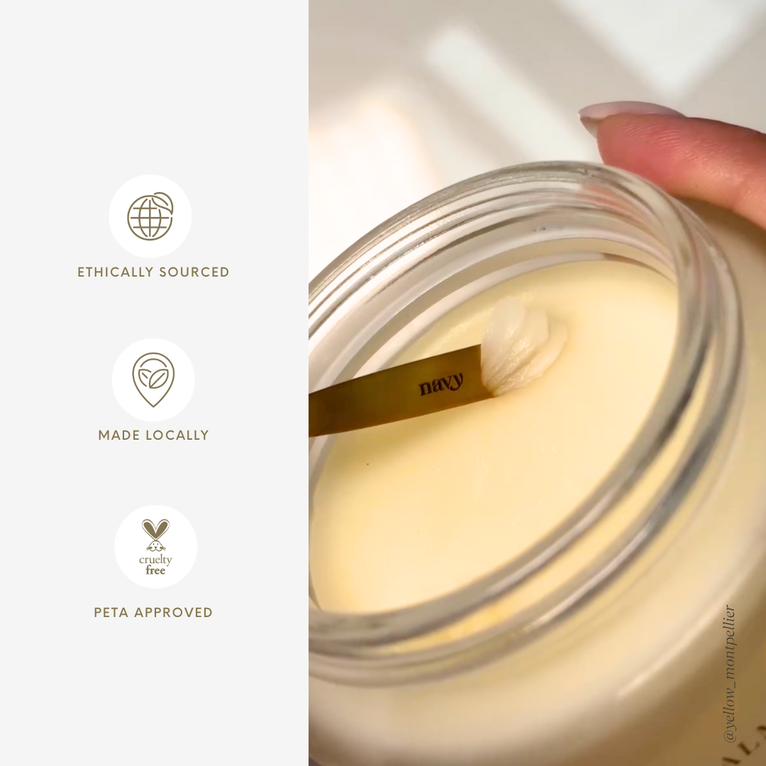 Jar of cream with a hand holding it, featuring ethical sourcing and approval icons on the side.