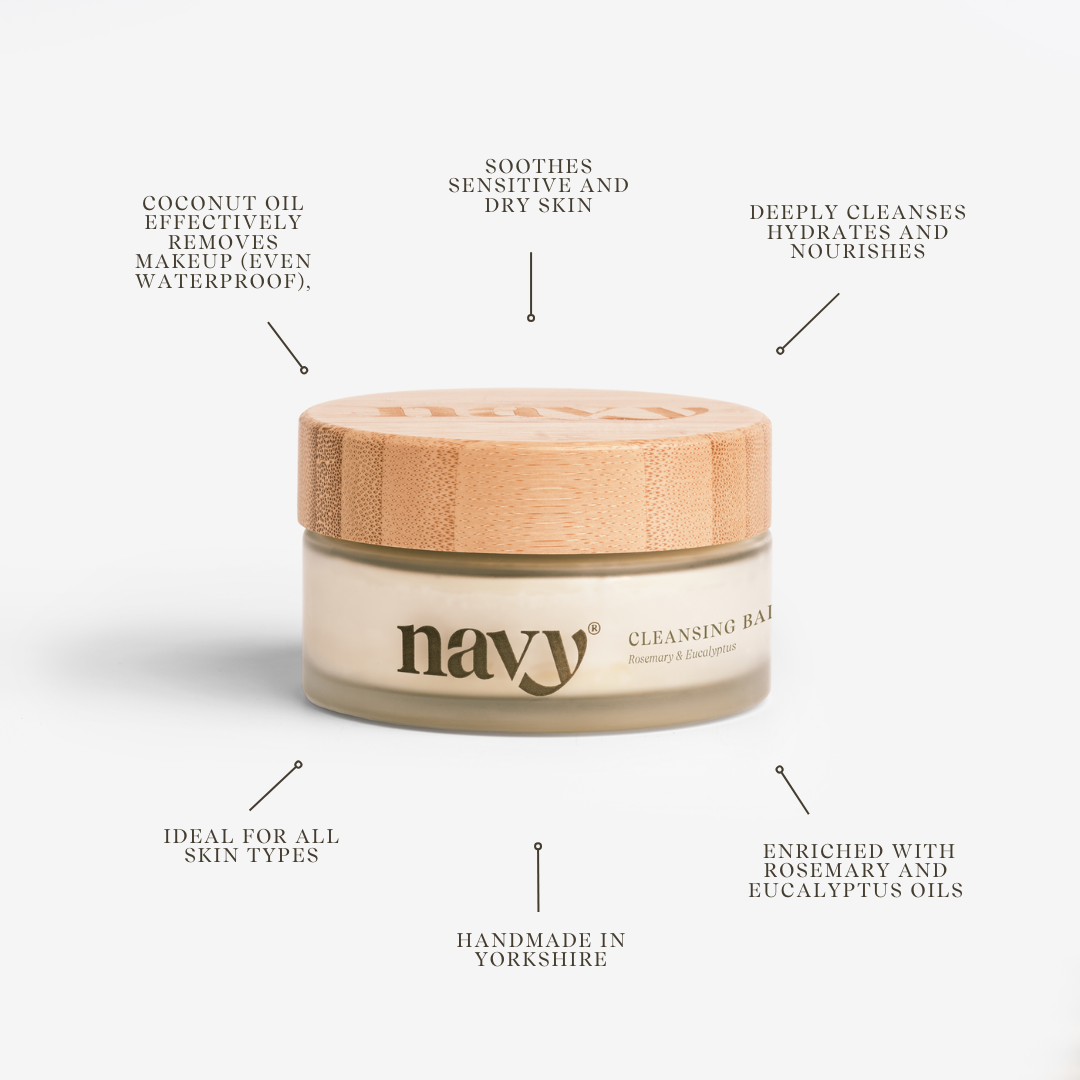 Navy cleansing balm with features listed 