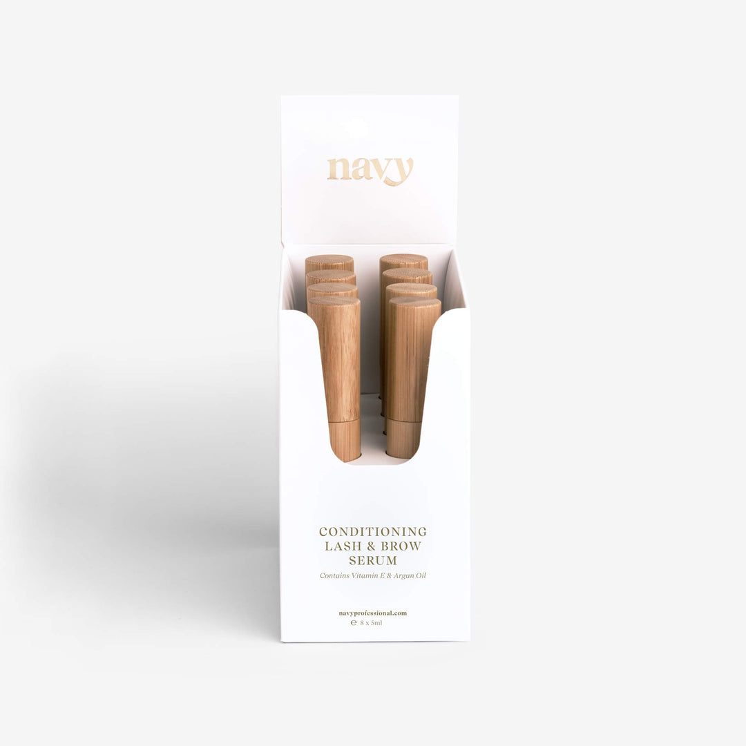 A retail pack of Conditioning Lash & Brow Serum. Eight 5ml serums. Blend of Vitamin E, Argan Oil, Castor Oil, and other nourishing plant oils.