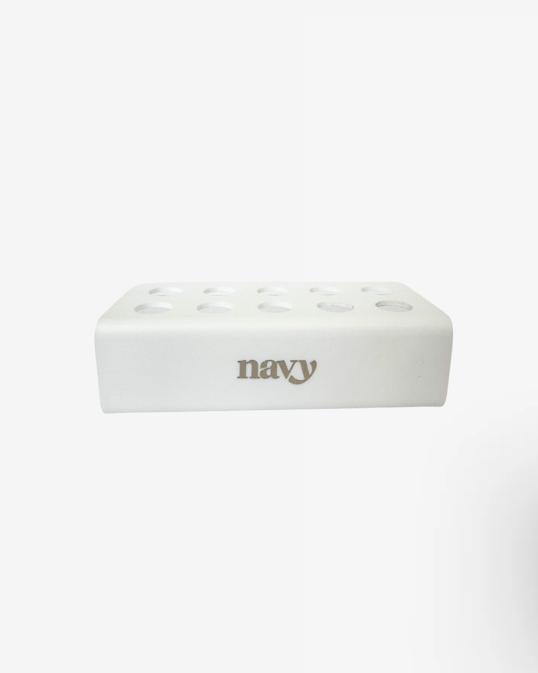 White acrylic retail stand with 'navy' branding on