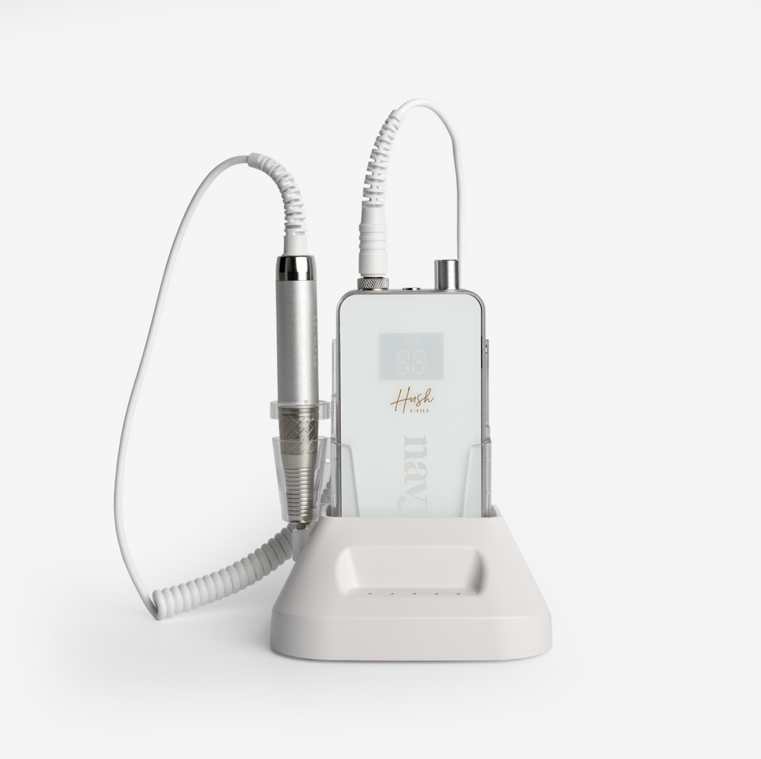 A professional Efile machine with a digital display, connected to a hand-piece and a power source, designed for nail care.