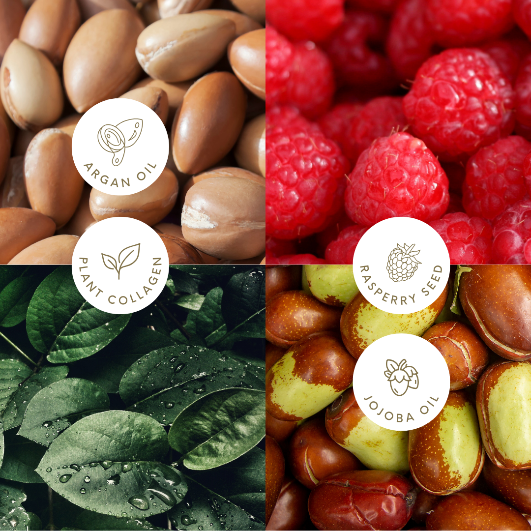 Collage of argan oil, raspberry seed, plant collagen, and jojoba oil with corresponding product names.