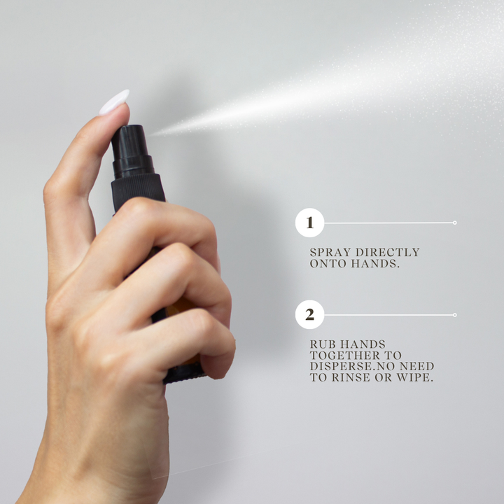 1) Spray directly onto hands.
2) Rub hands together to disperse, no need to rinse or wipe. 