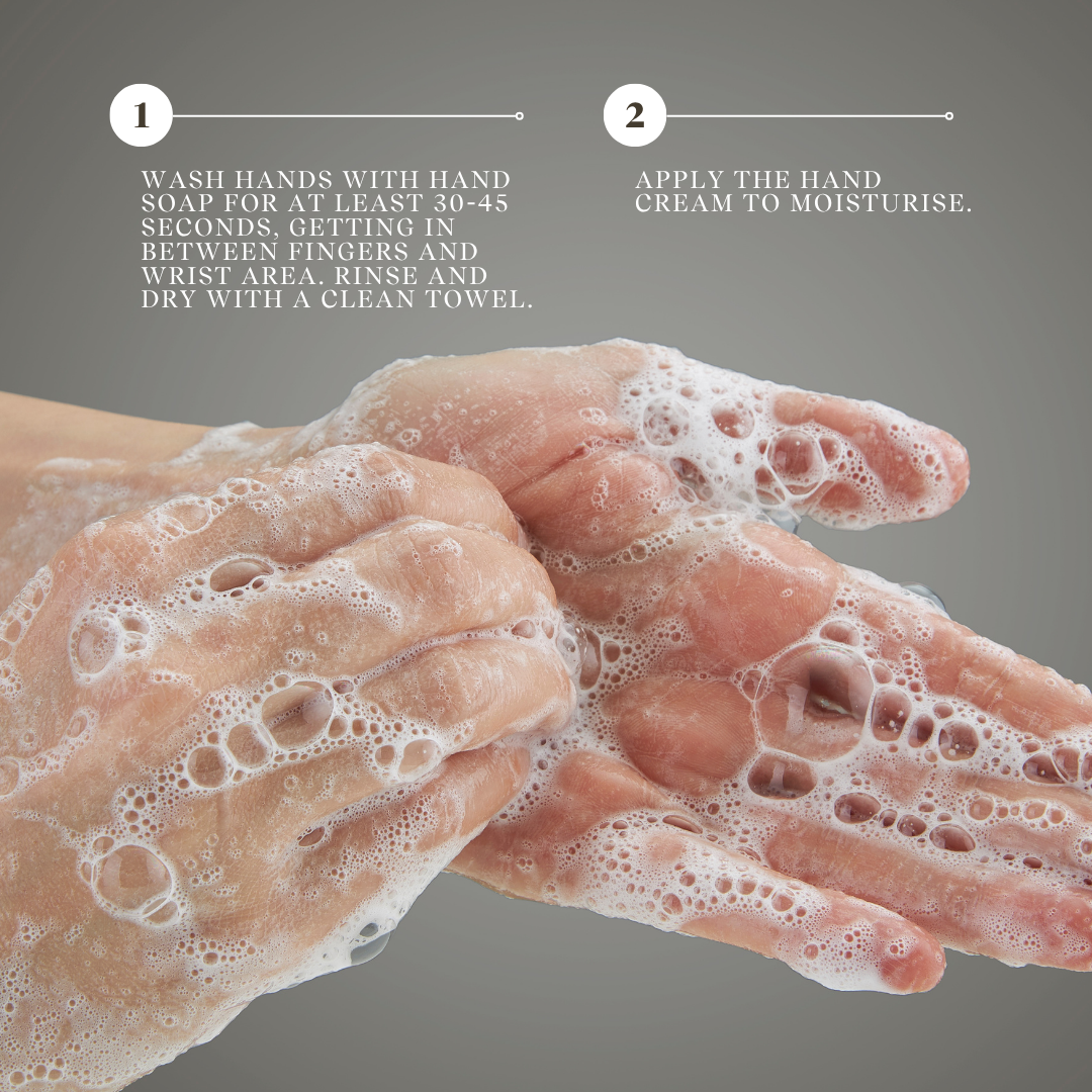 1) Wash hands with hand soap for at least 30-45 seconds, getting in between fingers and wrist area. Rinse and dry with a clean towel.
2) Apply the hand cream to moisturise. 