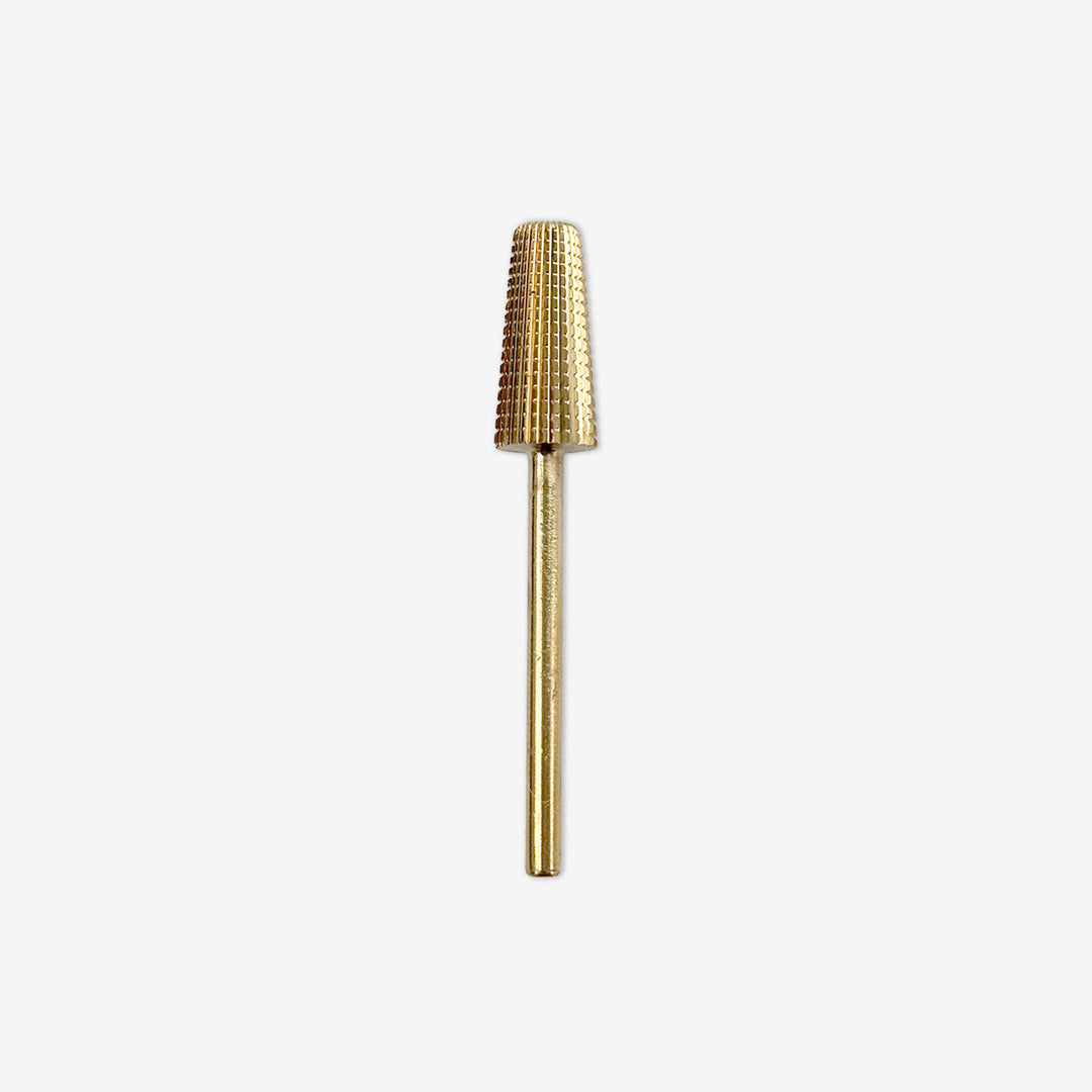 A single gold-colored carbide e-file piece. 5-1 Removal & debunking of hard gel & builder. 
