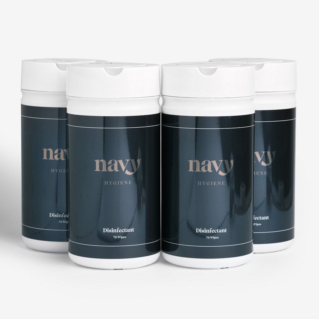 Four bottles of Navy branded salon hygiene wipes, four labeled as 'Detergent Wipes' and four as 'Disinfecting Wipes'.