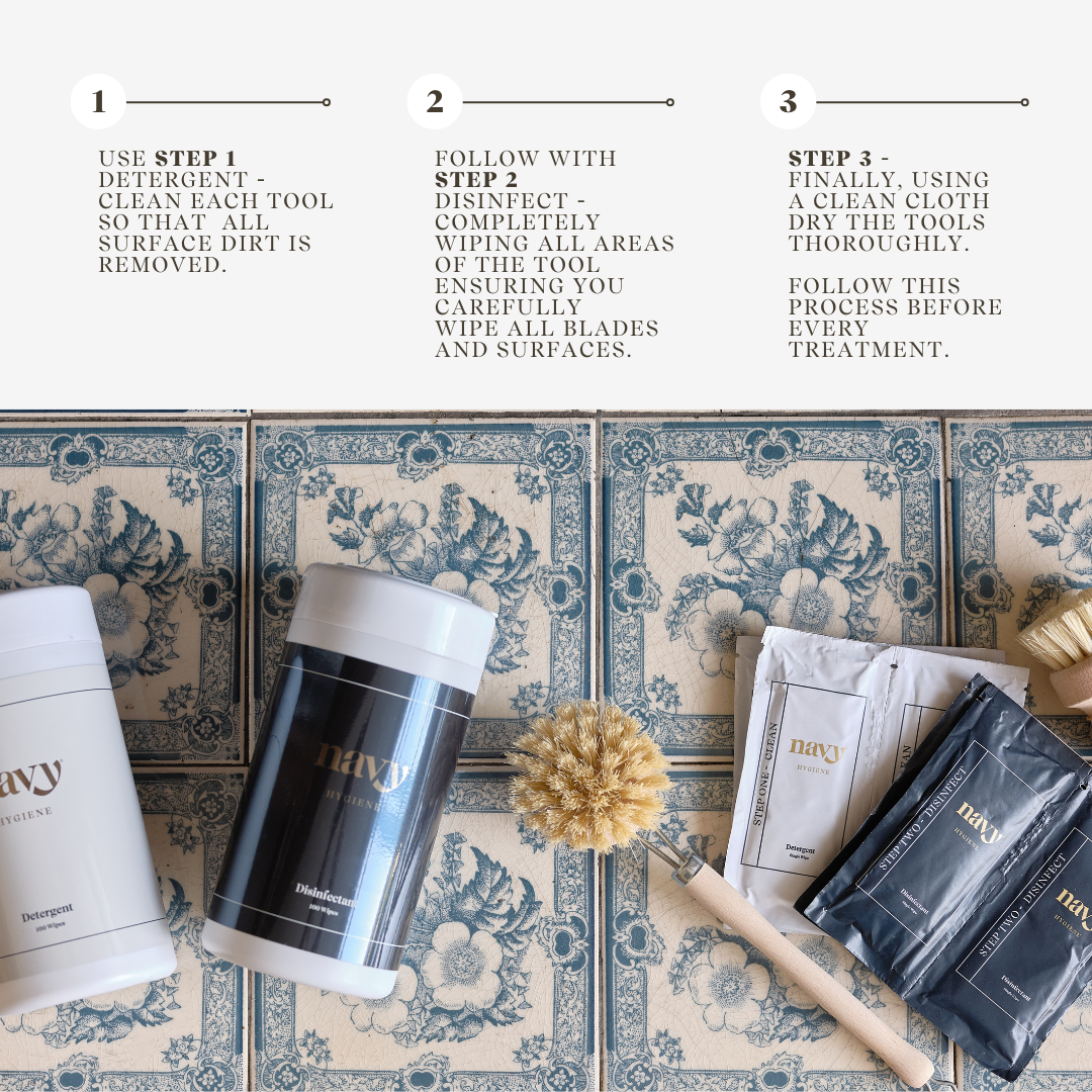 Navy Hygiene Kit Step by Step of Use:
1) Use Step 1 - Detergent. Clean each tool so that all surface dirt is removed. 
2) Follow with Step 2 - Disinfect completely wiping all areas of the tool ensuring you carefully wipe all blades and surfaces.
3) Step 3 - Finally, using a clean cloth dry the tools thoroughly. 

Follow this process before every treatment. 