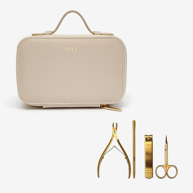 Beige nail art kit with gold tools on a white background