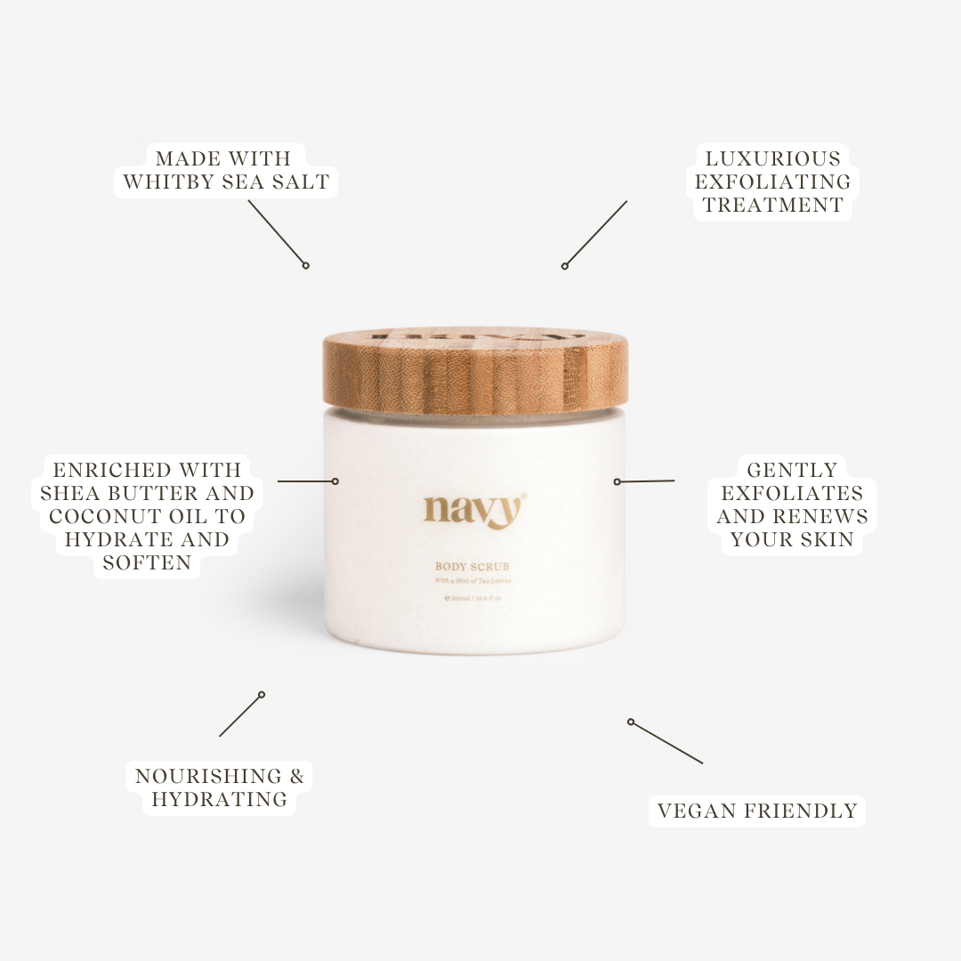 Navy Body Scrub Labelled - 
Made with Whitby Sea Salt.
Luxurious Exfoliating Treatment 
Enriched with Shea Butter and Coconut Oil to hydrate and soften.
Nourishing & Hydrating.
Gently exfoliates and renews your skin.
Vegan friendly. 