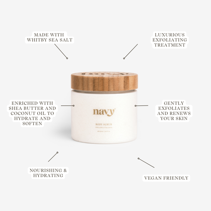 Navy Body Scrub Labelled - 
Made with Whitby Sea Salt.
Luxurious Exfoliating Treatment 
Enriched with Shea Butter and Coconut Oil to hydrate and soften.
Nourishing & Hydrating.
Gently exfoliates and renews your skin.
Vegan friendly. 