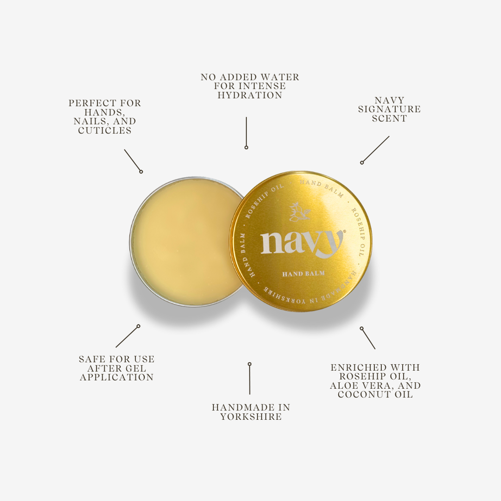 Hand balm with 'navy' branding on a white background