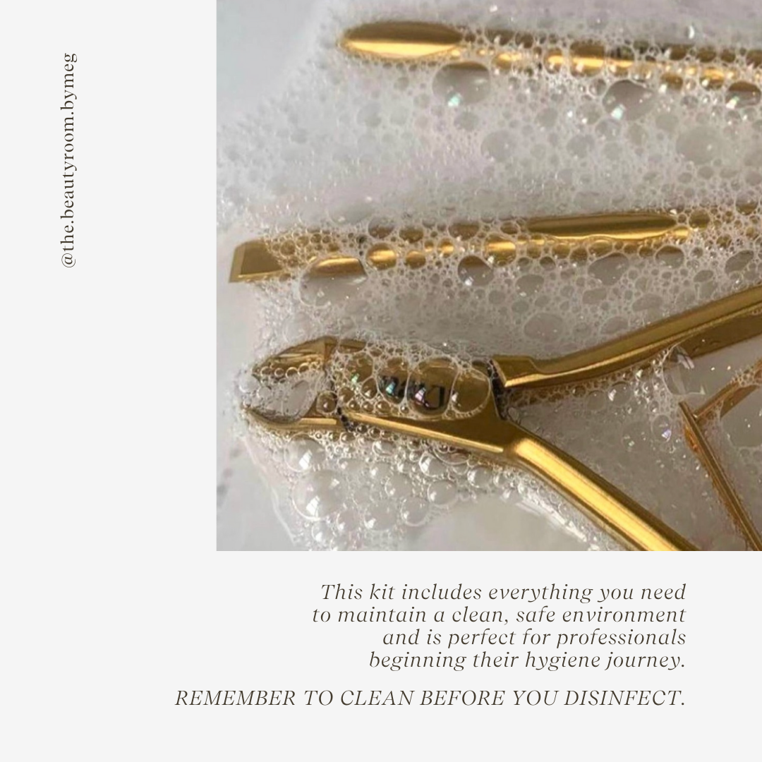 Tools being washed in soapy water.

This kit includes everything you need maintain a clean, safe environment and is perfect for professionals beginning their hygiene journey.

Remember to clean before you disinfect. 

Image Credit: @the.beautyroom.bymeg