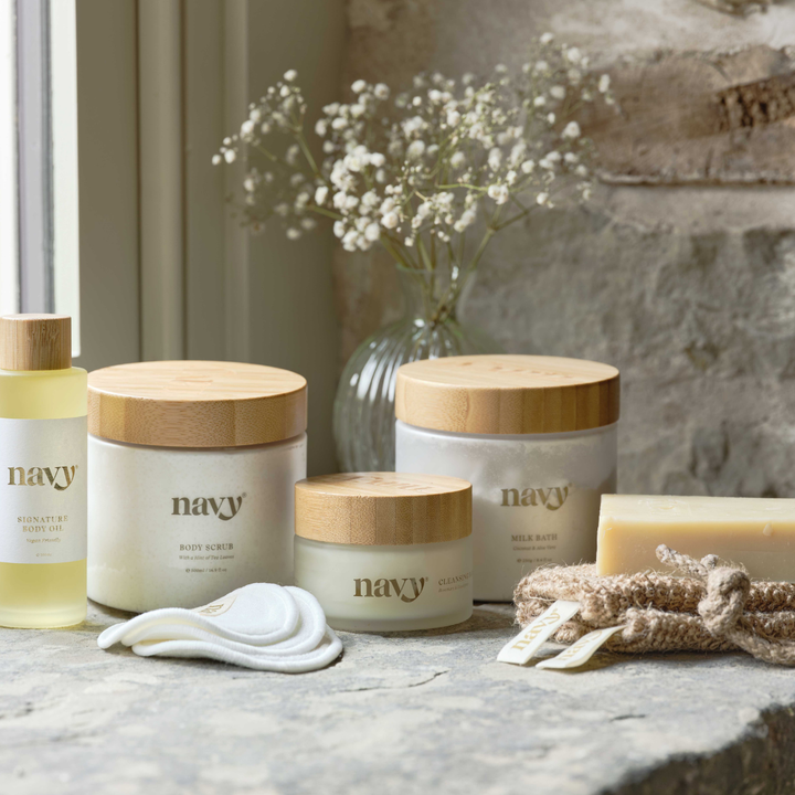 Navy Milk Bath with Navy Skincare Range. Signature Body Oil, Cleansing Balm, Suds Soap Bar. 