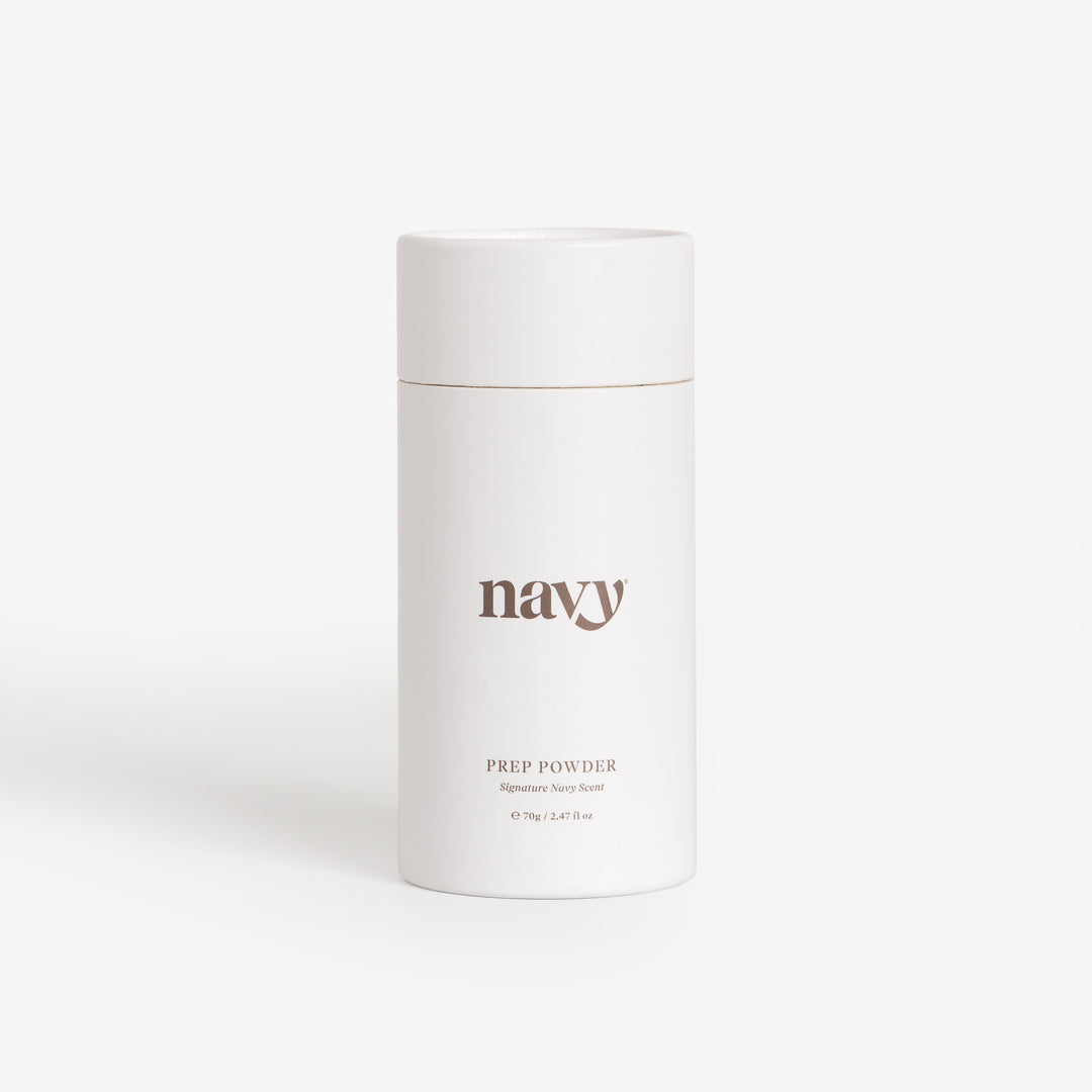 White carton with unique formula powder gently scented with the iconic Navy brand scent