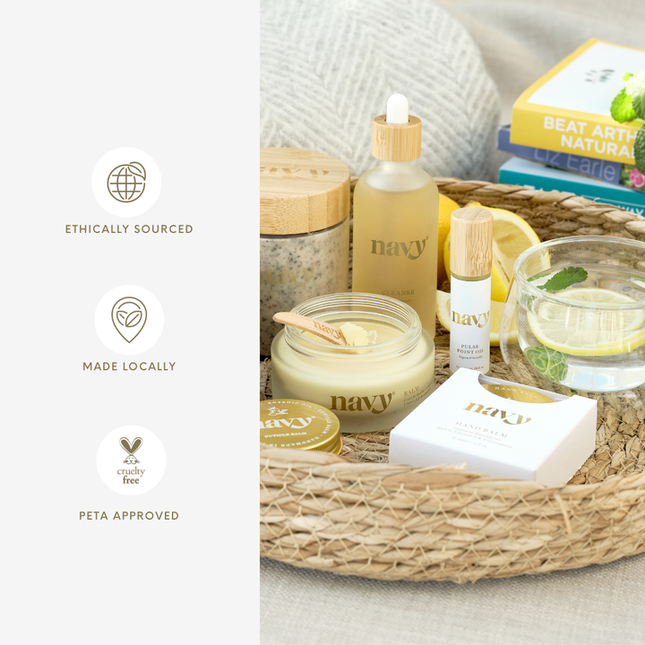 Navy Pulse Point Oil Features - Ethically Sourced, Made Locally, PETA Approved. 