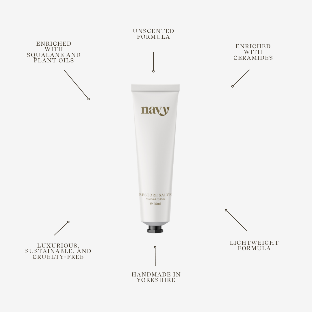 White tube of 'navy' balm with text highlighting features on a white background