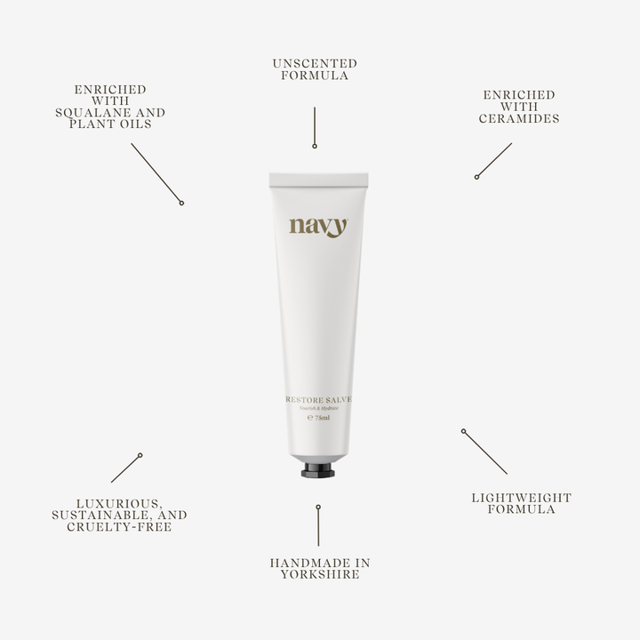 White tube of 'navy' balm with text highlighting features on a white background