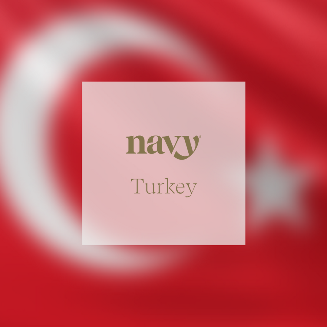 Navy text on a pink square with 'Turkey' on a red and white background