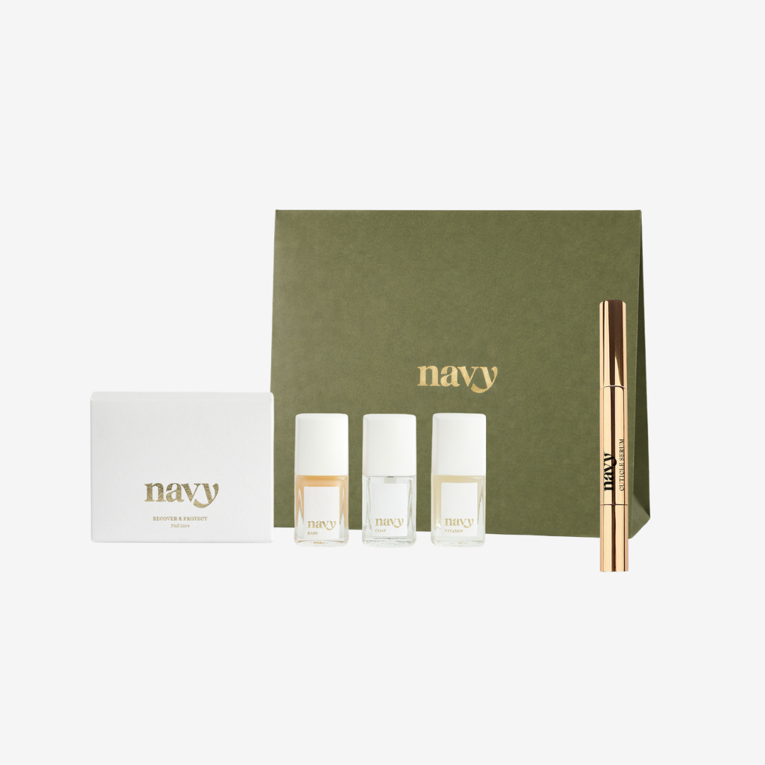 Cosmetic set with 'navy' branding on a white background