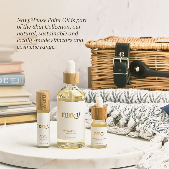 Navy Pulse Point Oil is part of the Skin Collection, our natural, sustainable and locally-made skincare and cosmetic range.