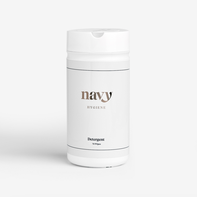 A white container labeled 'navy hygiene' containing beauty hygiene wipes. Labelled Detergent