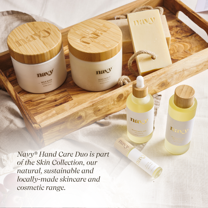 Navy Skincare on wooden tray.

Navy Hand Care Duo is part of the Skin Collection, our natural, sustainable and locally-made skincare and cosmetic range. 