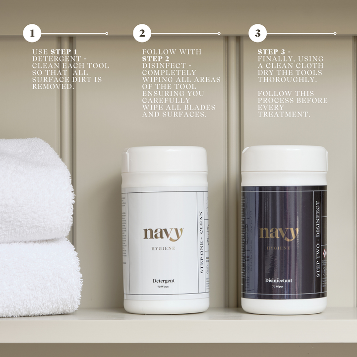 Navy Hygiene Kit Step by Step of Use:
1) Use Step 1 - Detergent. Clean each tool so that all surface dirt is removed. 
2) Follow with Step 2 - Disinfect completely wiping all areas of the tool ensuring you carefully wipe all blades and surfaces.
3) Step 3 - Finally, using a clean cloth dry the tools thoroughly. 

Follow this process before every treatment. 