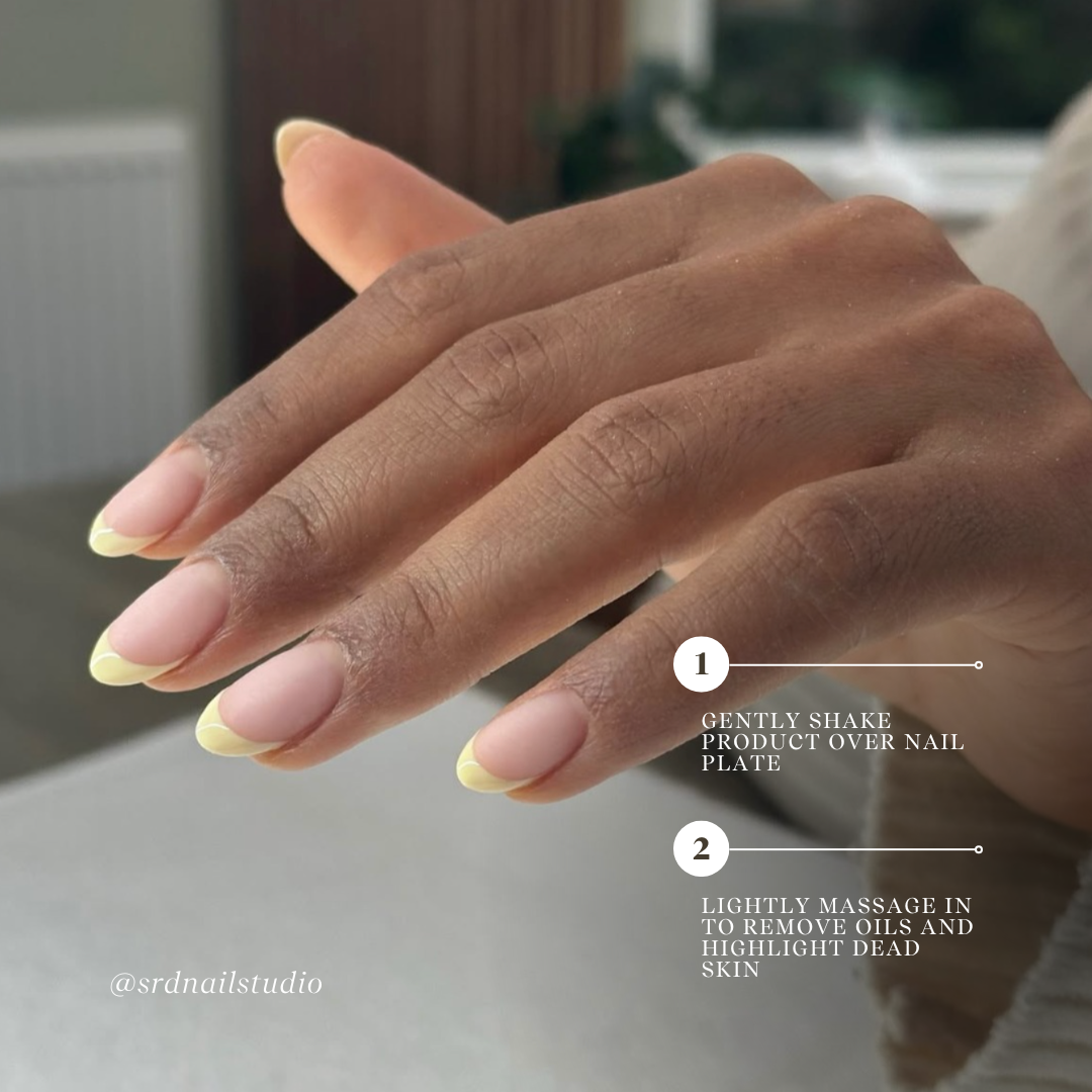 Image shows Yellow French Manicure Nails- Image Credit: @srdnailostudio

1) Gently shake product over nail plate.
2) Lightly massage in to remove oils and highlight dead skin. 
