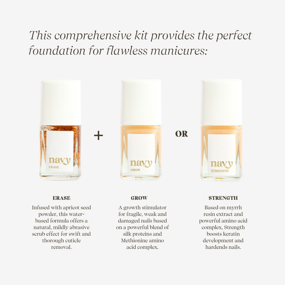 Three bottles of nail care products with text describing their uses on a white background.