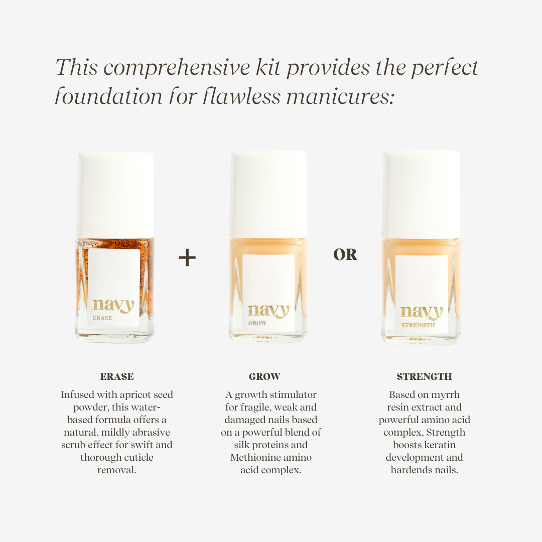 Three bottles of nail care products with text describing their uses on a white background.