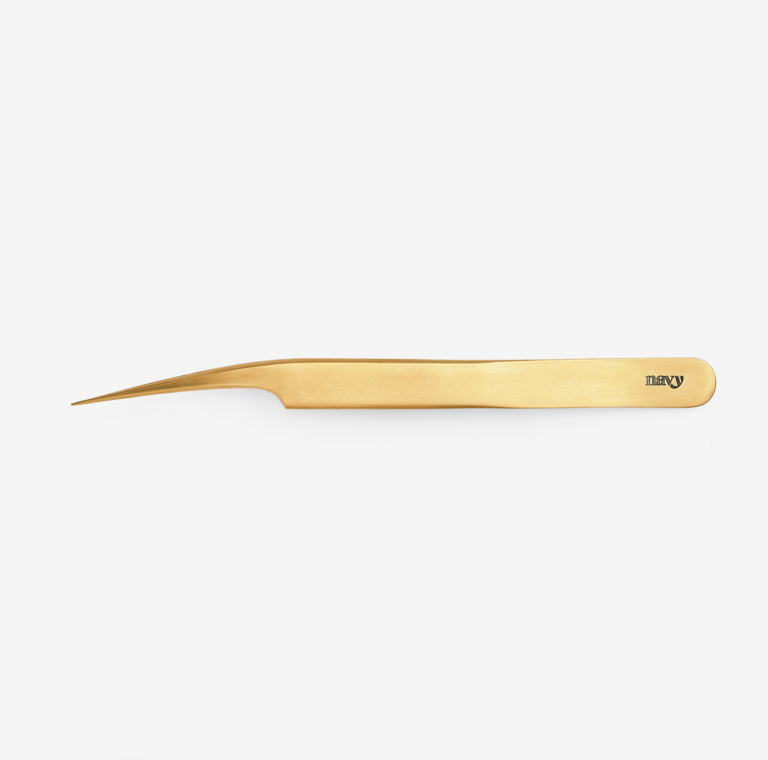 A gold-coloured extended isolation tweezer designed for eyelash extension application with a curved tip.
